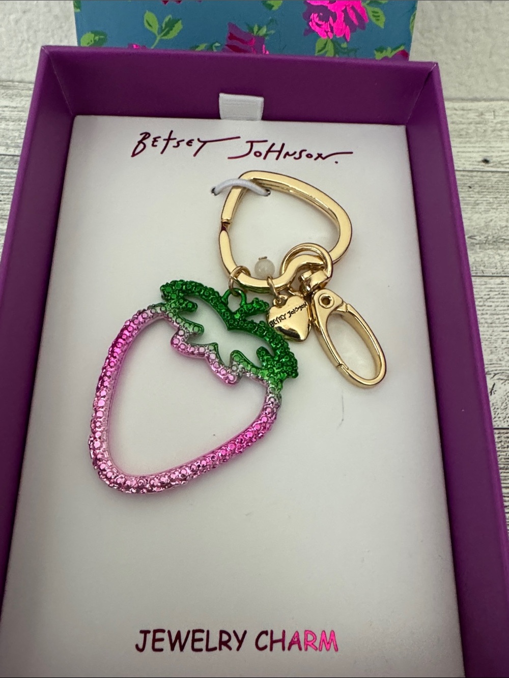 Betsey Johnson Strawberry Crystal Keychain/Bag Charm NEW In Box